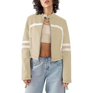Women Apricot Faux Leather Zip Up Cropped Jacket Stand Collar Moto Coat